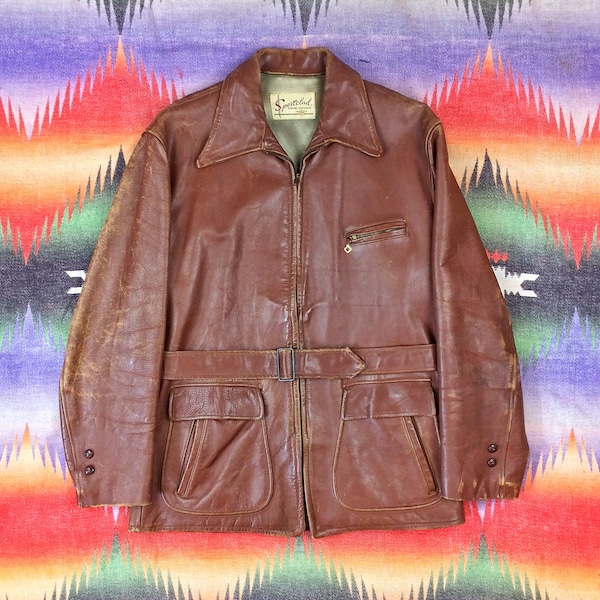 Leather car coat, men's size M unclear brown type Vintage Second Hand