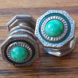 Vintage 1920s Snap Link Button Cuff Links with Dark Green Enamel and Light Green/ Turquoise Stone. image 2