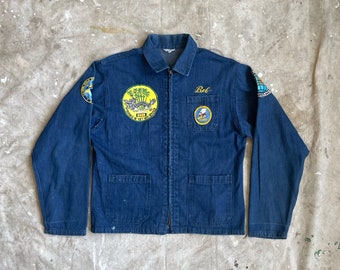 Size S/M Vintage US Navy 1960s Selvedge Denim Private Purchase Work Jacket with Seabees Patches 2190
