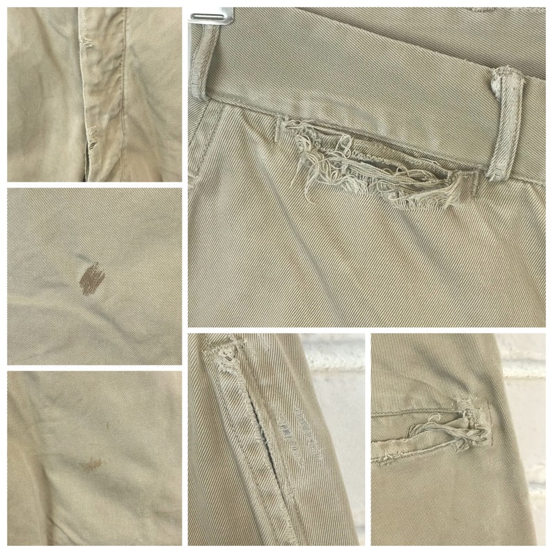 May include: A pair of light brown pants with distressed details. The pants have several small holes and tears, and there are a few brown stains on the fabric.