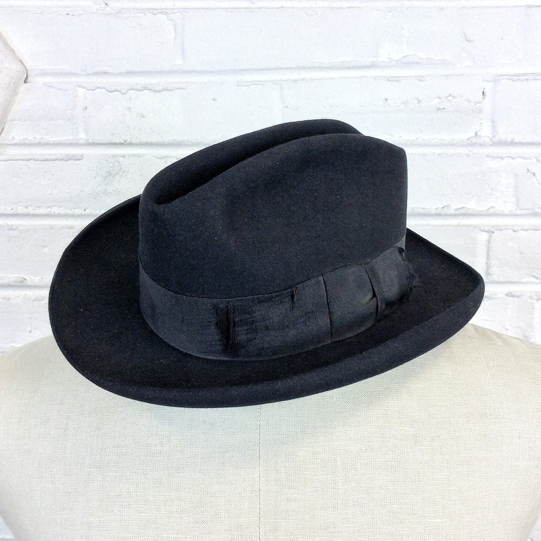 Size 6 7/8 Vintage 1910s Black Homburg Style Black Fur Felt Fedora Hat