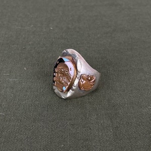 Size 11 1/2 Vintage 1950s Mexican Souvenir Biker Ring with Lucky Horse and Enamel Horseshoe Head and Aztec Warrior with Jaguar Headdress image 1