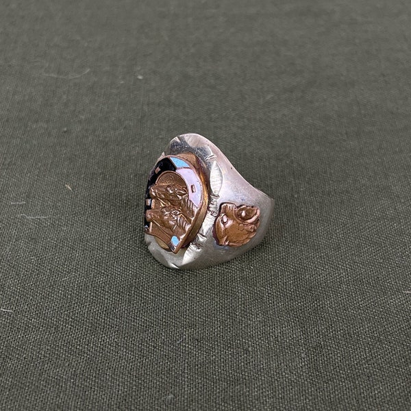 Size 11 1/2 Vintage 1950s Mexican Souvenir Biker Ring with Lucky Horse and Enamel Horseshoe Head and Aztec Warrior with Jaguar Headdress