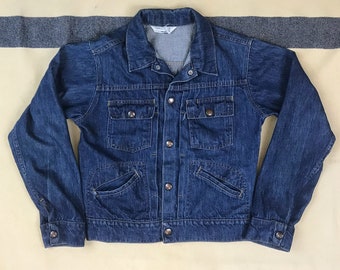 Boys Large Vintage 1960s Bar Tack Pleat Front Denim 4 Pocket Jacket by Montgomery Ward Towncraft 2155