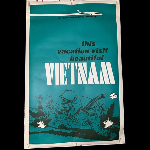 Rare - Original 1966 Anti-Vietnam War Poster - Fly Far-Fareastern Airlines - VISIT BEAUTIFUL VIETNAM - Political Satirical Anti-War - Unused