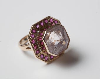 Stunning Pink Kunzite and Ruby Cocktail Ring in 14K Gold