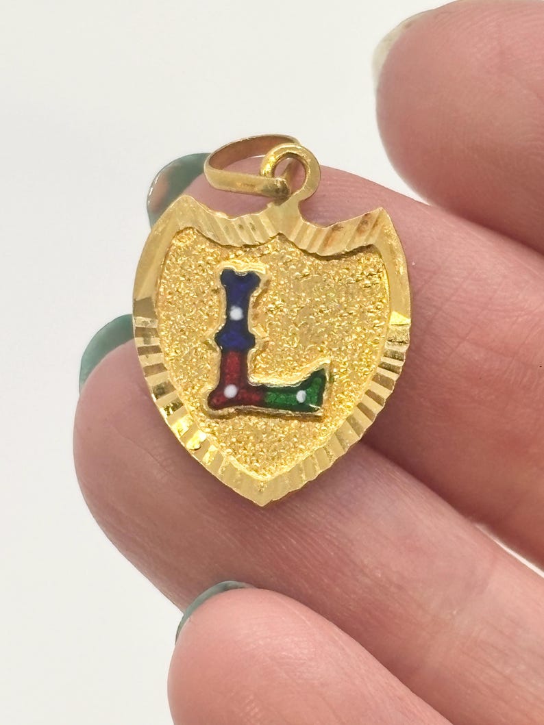 22K Yellow Gold Pendant with Enamel Initial "L"