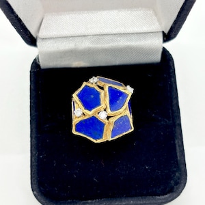 18K Yellow Gold Handmade Natural Lapis Ring with Diamonds