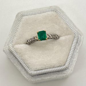 Platinum & 14K Gold Vintage Emerald Solitaire Ring with Diamonds