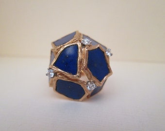 Artisan Handmade Natural Lapis with Diamond 18K Gold Ring Signed G.I.W.: Size 7