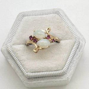 14K Yellow Gold Ring with Opals and Rubies - Size 6 3/4