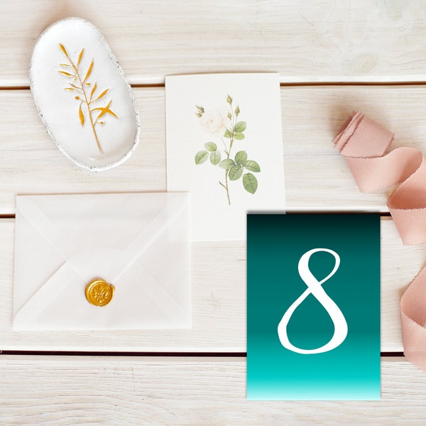 Watercolor Inspired Wedding Table Numbers 1-25 | Instant Download & Print | Printable 5x7 | Reception | Shower | Gala | Gradient Teal Green