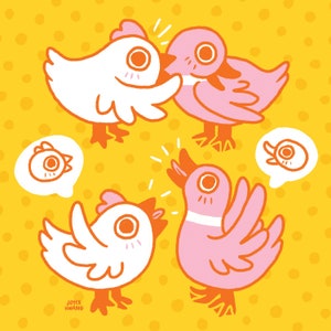 May include: Four cartoon birds, two white and two pink, are interacting with each other on a yellow background with orange polka dots. The birds have large eyes and are drawn in a simple, whimsical style.
