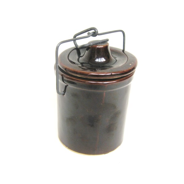 Vintage Brown Ceramic Cheese Crock Canister with Locking Lid