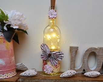 Hand Decorated Light Up Wine Bottle With LED Fairy Lights. Mother's Day. Birthday. Anniversary. Shabby Chic