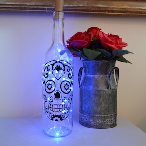 Hand Decorated Light Up Wine Bottle With LED Fairy Lights. Day of The Dead Candy Skull. Shabby Chic