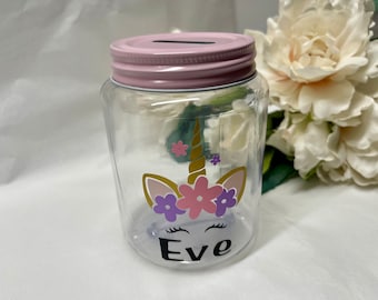 Personalised Unicorn Face Money Saving Jar Piggy Bank Money Box