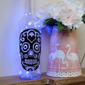 Hand Decorated Light Up Wine Bottle With LED Fairy Lights. Day of The Dead Candy Skull. Shabby Chic