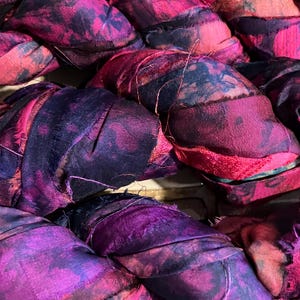 Tropical Sunset, Rose Reds, Purples some Pink,  Sari Silk Ribbon