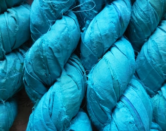 CLEARANCE  Sari Silk Ribbon,  Raw Edges  45+ Yards,  Light Blue  Recycled,  ,  Calm Lake,  Fair Trade from India