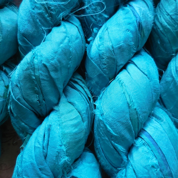 CLEARANCE  Sari Silk Ribbon,  Raw Edges  45+ Yards,  Light Blue  Recycled,  ,  Calm Lake,  Fair Trade from India