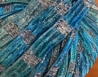 NUEVA cinta italiana de 10 yardas, color aguamarina con lurex plateado, para joyería, borlas y arte de fibra.