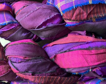 45 Yards, Magenta Mix with Purple,  PATTERN Within,   Sari Silk Ribbon ,  Fair  Trade from India