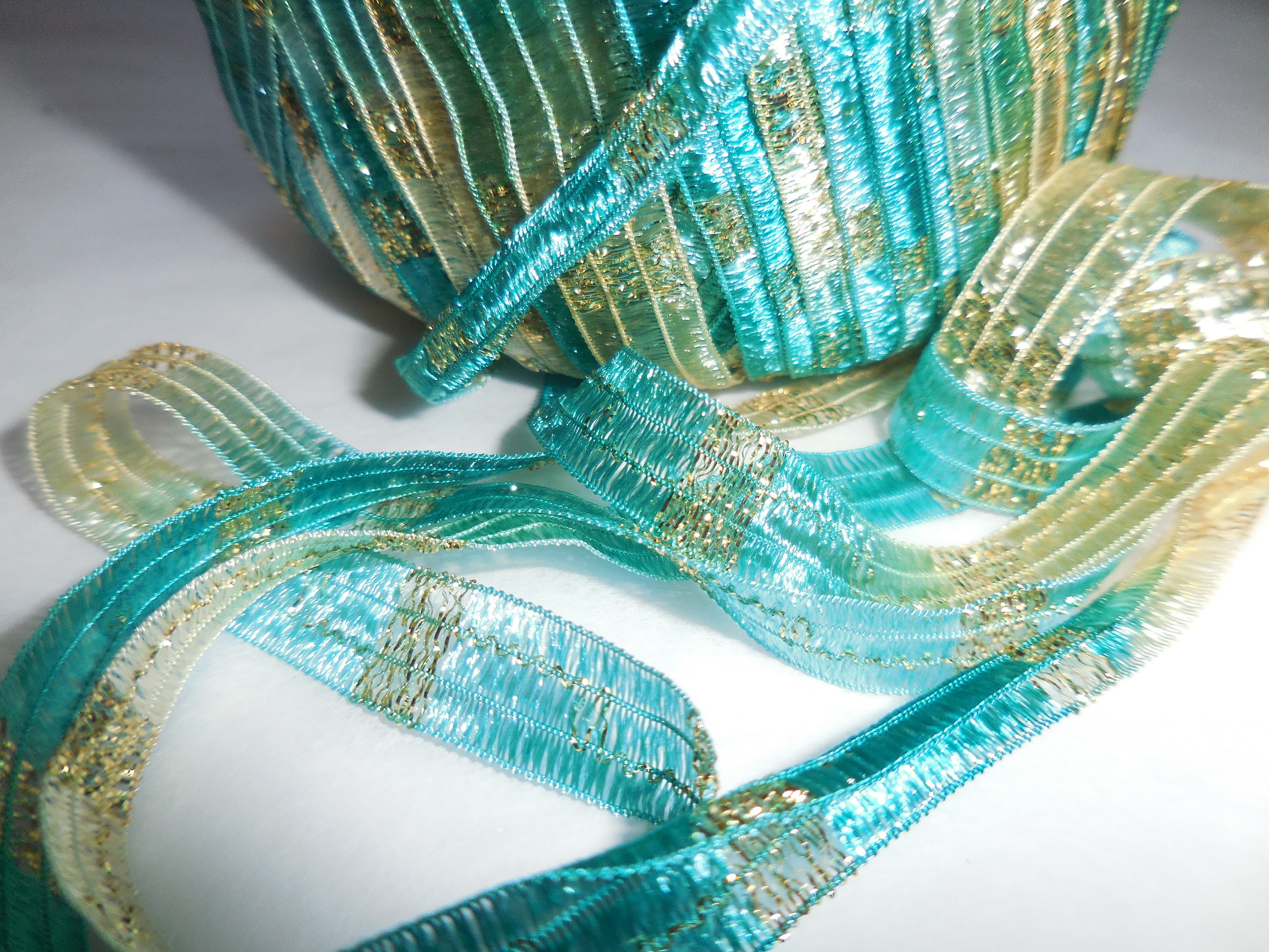 7 Yards, Berlini Italian Ribbon, Width Varies, Aqua and Gold With Lurex ...