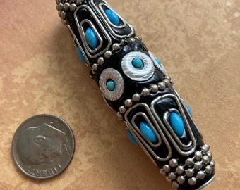 1 Tibetan Bead, Black and Tibetan Silver Tone, Tribal Bead,  2 1/2 Inches