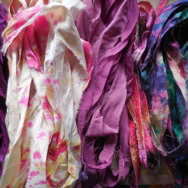 Curated Ribbon Bouquet,  Fiber Art,  Azaleas and Others,  Sari Silk Luxury Chiffon, Vintage Turkish, Italian Ribbon