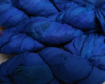 FREE Ship ELIGIBLE 45+ Yards,  Cobalt Blue,   Sari Silk Ribbon Skein,  Fair Trade from India,  unusual wrapping ribbon