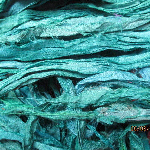 5 Yards, Teal  /Turquoise Sari Silk Chiffon  Ribbon,  Fair Trade from India