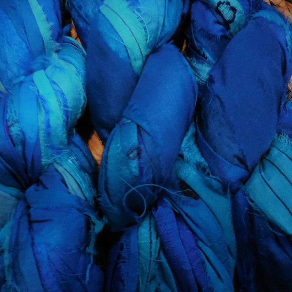 10 Yards, Shades of Blue Sewn Together, Blue,  Sari Silk Ribbon,  Partial Pattern  Fair Trade,  from India