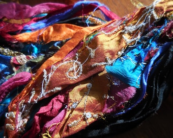 Sari Silk Ribbon with  Some Embellishments,  Multicolored,  Fair Trade from India