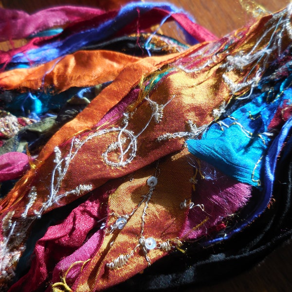 Sari Silk Ribbon with  Some Embellishments,  Multicolored,  Fair Trade from India