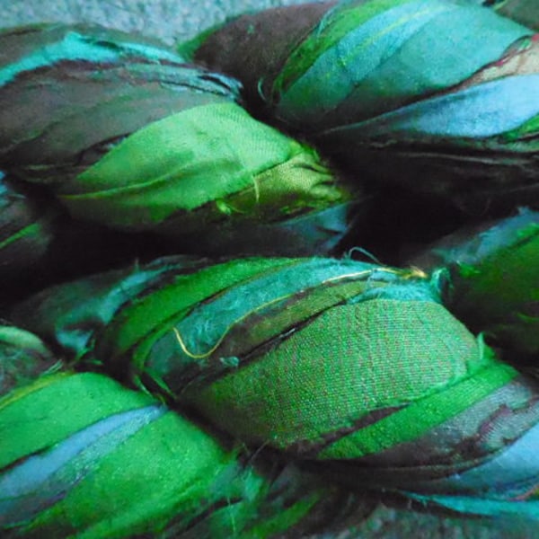 45 to 50  Yards,  Emerald Seas, Shades of Green  ,  Sari silk ribbon,  from India,  Shades of Green