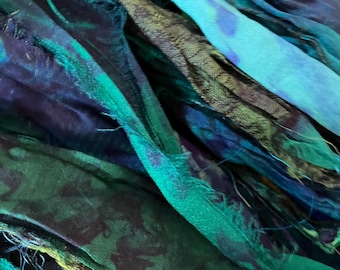 10 Yards, Seaweed Tie Dye, Raw Edges, Sari Silk Ribbon, Dark  Greens,