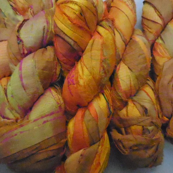 45 + Yards, Marigold Petals, ,  Sari Silk Ribbon Skein, May Have Designs on it.   Fair Trade,  from India,