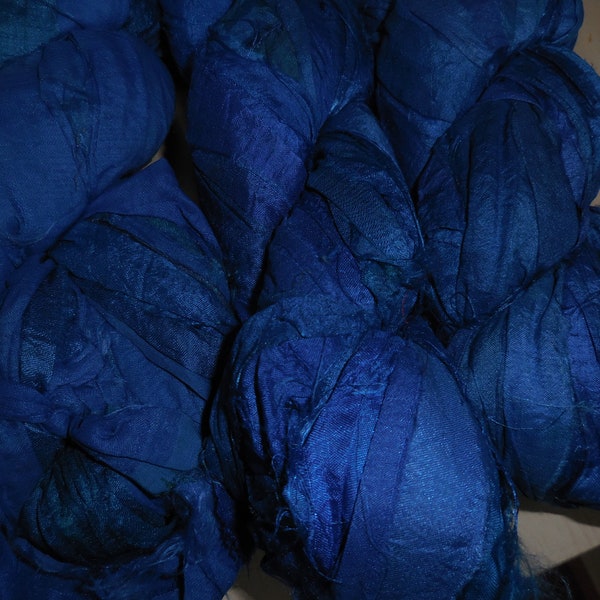 NEW 10 Yards,  Cobalt Blue,   Sari Silk Ribbon Skein,  Fair Trade from India,  unusual wrapping ribbon