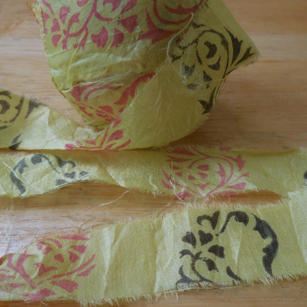 10 Yards,  Unusual Block Print,   Sari Silk Ribbon, ,  Hand Made Blockprint,  from India,  Fair Trade