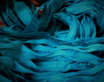 10 Yards, Luxury Silk Chiffon,  Turquoise Blue,  Sari Silk Ribbon,  Fair Trade,  from India
