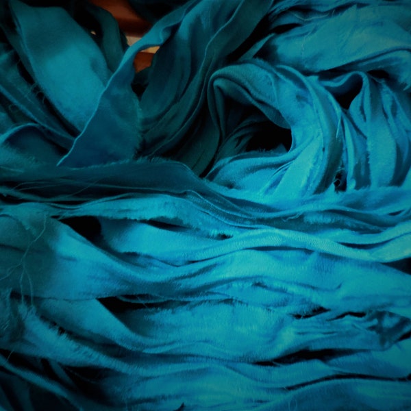 10 Yards, Luxury Silk Chiffon,  Turquoise Blue,  Sari Silk Ribbon,  Fair Trade,  from India