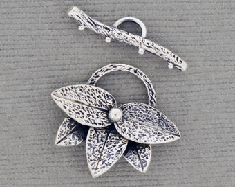 Sterling Silver Small Textured Lotus Flower Toggle, Designer closures, Clasps, box Clasps, Jewelry Supplies, Jewelry Making
