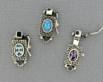 Textured Sterling Silver Box Clasp with Stone: 18mm x 8mm