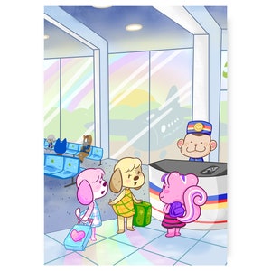 May include: Illustration of animal characters at an airport check-in counter. A pink dog, a yellow dog, and a pink squirrel stand in line with luggage. A monkey in a uniform stands behind the counter. The background shows a plane and seating.