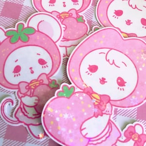Strawberry Cat and Mouse - Holographic Vinyl Sticker Set