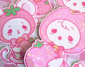 Strawberry Cat and Mouse - Holographic Vinyl Sticker Set