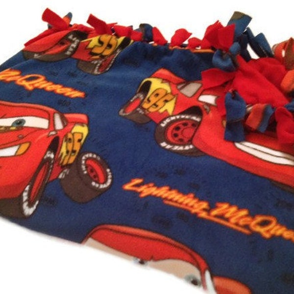 20% OFF - Disney Cars Blanket - Fleece No Sew Tie Throw / Quilt - Baby, Crib, Twin Bedding - Red, Blue Pattern - CUTE