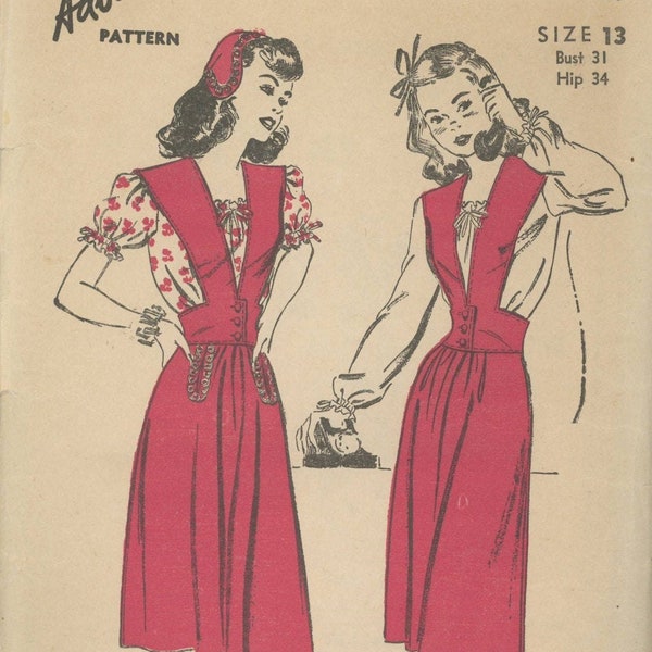 40s Vintage ADVANCE 3442 ~ JUMPER Dress Frock ~ Blouse & Rare Cap Pattern ~ Size 13 ~ Bust 31 ~ Swing Era ~ WWII