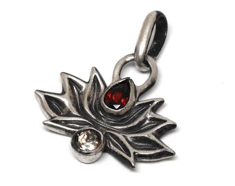 Garnet and White Topaz Sterling Silver Sacred Lotus Pendant